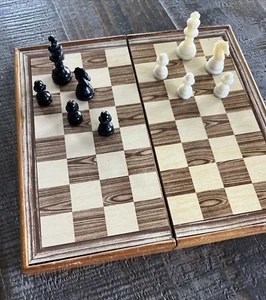 Vintage Folding Chess Set Portable Travel Wood Case Magnetic 8"x8" Complete - Picture 1 of 6