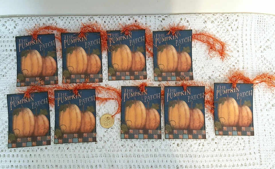 9~Primitive~Fall~Autumn~Pumpkin Patch~Fussy Cut~Linen Cardstock~Gift~Hang~Tags - Image 1 of 1