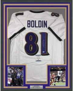 FRAMED Autographed/Signed ANQUAN BOLDIN 33x42 Baltimore White Jersey Beckett COA - Picture 1 of 2