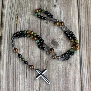 Hematite Cross Pendant Turquoise Tiger Eye Prayer Mala Bead Christ Necklace Gift - Picture 1 of 5