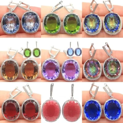 Buy 4 Get 1 Free Big Heavy 18g Peridot Tourmaline Blue Topaz CZ Silver Earrings - Image 1 of 4