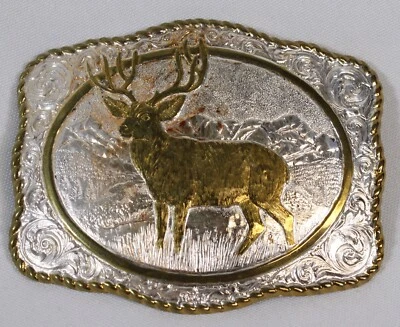 De colección Crumrine Cinturón Hebilla Ciervo Buck Alce Pesado Placa de Plata en Bronce Big Western Foto 1 de 4