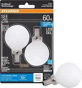 2 pack LED Sylvania 60W G16.5 Candelabra SMALL Base White Globe Bulbs 2in dia - Picture 1 of 1