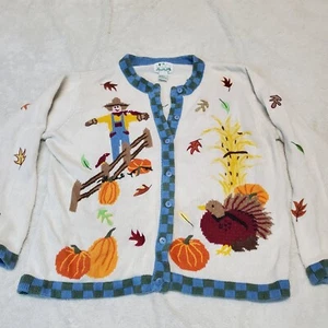 VTG The Quaker Factory White Blue Knit Autumn Leaves Cottage Sweater Cardigan L - Picture 1 of 8