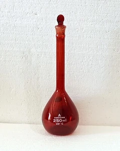 Vintage Flask Pyrex Glass Volumetric 250 ml Class A #16 Red w Stopper Apothecary - Picture 1 of 15