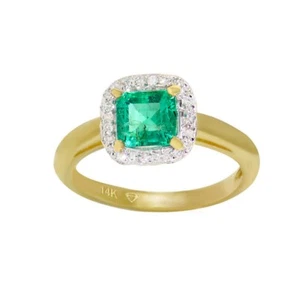 Natural Colombian Emerald & Diamond Cushion cut Halo 14k Yellow Gold Ring - Picture 1 of 5