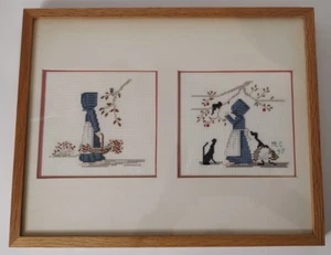 Vintage Double Amish Girl Picture Completed Framed Counted Cross Stitch - Picture 1 of 9