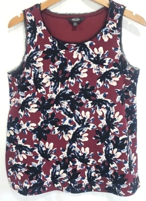 Simply Vera Wang 无袖勃艮第花卉上衣 PM 办公室胶囊经典工作 — 第 1/4 张图片