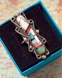 Navajo NEZ White Buffalo Turquoise Coral Inlay Elongated Silver Ring 7.5 SIGNED - Picture 1 of 2