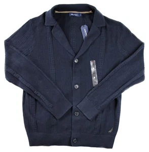 Nautica Mens Sweater M Cardigan Cotton Knit Shaw Collar Button Front Navy $98NEW - Picture 1 of 7