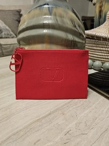 Valentino Beauty Red Cotton Canvas Flat Makeup Pouch Cosmetic Case Zippered  - Picture 1 of 8