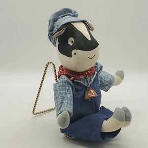 Plush Stuffed Cow In Railroad Engineer Outfit 13" Country Rustic Decor - Picture 1 of 6