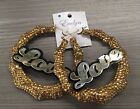 New Large “love” Statement Bling Out Gold Rhinestones Bamboo Hoop Earrings