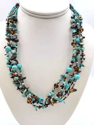 Southwest 5 Strand Stone & Bead Necklace Turquoise Tigers Eye Howlite Chips Bead - Image 1 of 4