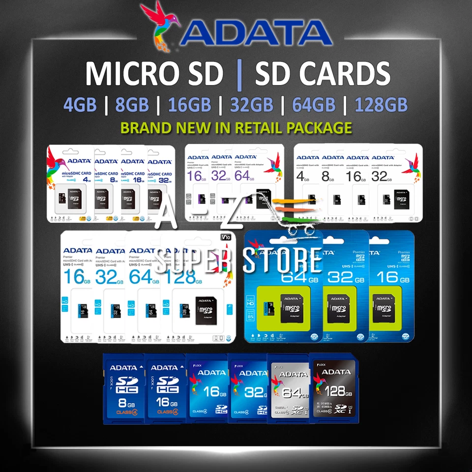 ADATA Tarjeta MicroSD SD 4GB 8GB 16GB 32GB 64GB 128GB Memoria SDHC Lote 1x 2x Paquetes Foto 1 de 1