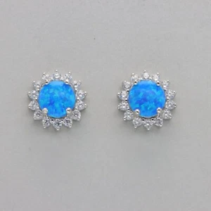 Round Blue FIRE OPAL Post / Stud Earrings with CZs - 925 STERLING SILVER #688e - Picture 1 of 8