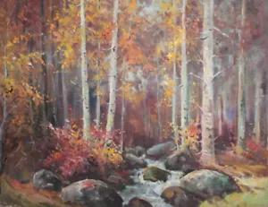 Pintura al óleo grande vintage de paisaje forestal río - Imagen 1 de 12