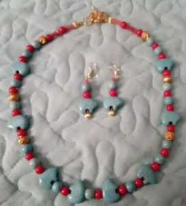 Artist Beautiful Bear Howlite, Coral Gem Necklace set 925ss Hook - Picture 1 of 8
