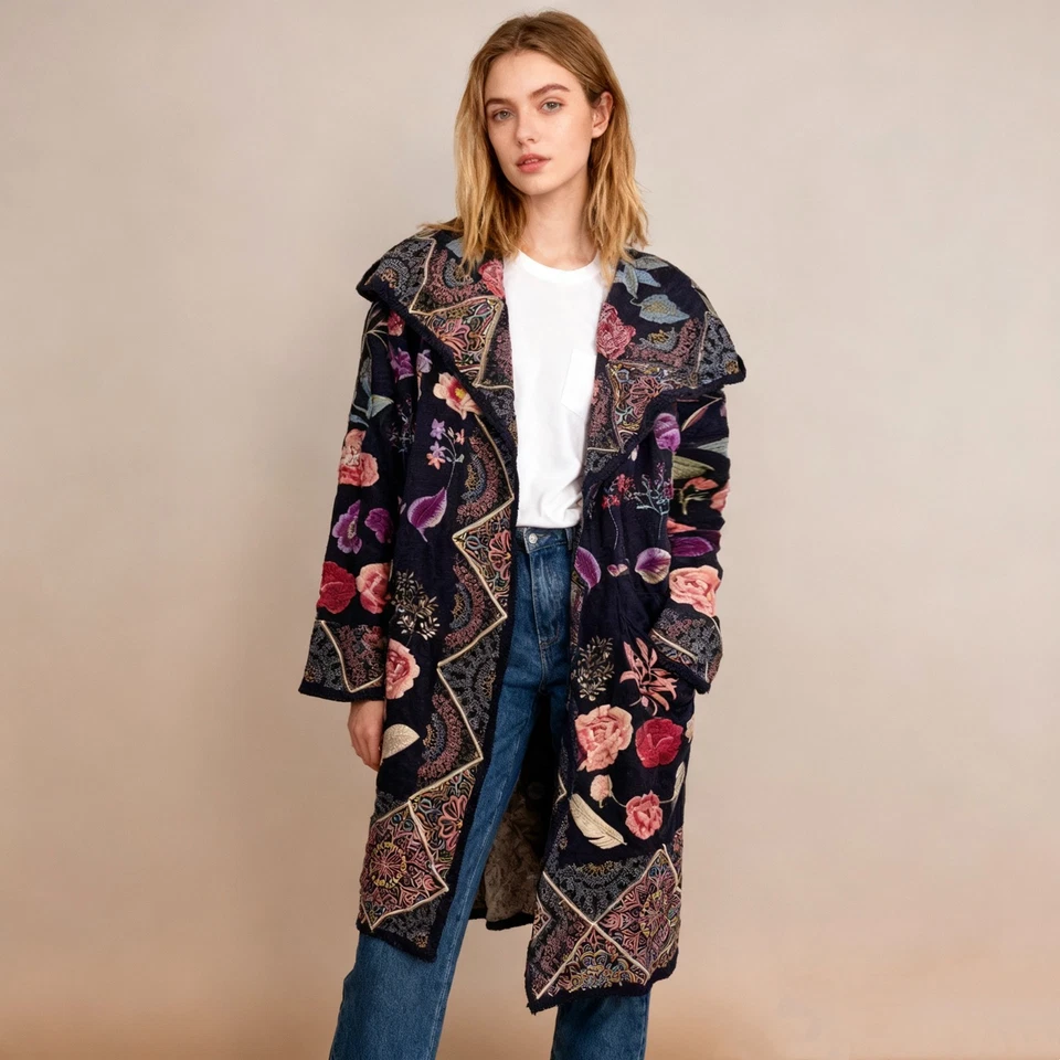 Cardigã Johnny Was bordado floral com capuz suéter multicolorido tamanho P US$ 598 NOVO SEM ETIQUETAS - Imagem 1 de 4