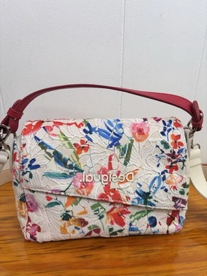 Bolsa de ombro Desigual multicolorida bordada floral alça vermelha - Imagem 1 de 4