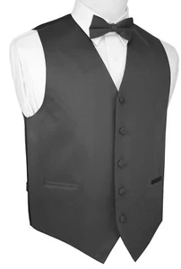 Men's Charcoal Satin Tuxedo Vest & Bow-Tie Set. Dress, Wedding, Formal, Prom - Picture 1 of 4