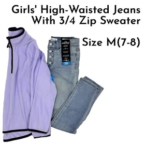 Girls' Long 3/4 Zip Sweater & High-Waisted Adjustable Skinny Jeans Size M (7-8) - Picture 1 of 5