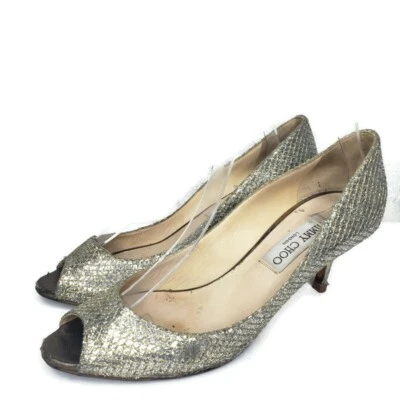 Jimmy Choo Hecho en Italia Isabel Plata Brillo Peep Toe Bomba Mujer Tacones 37.5  Foto 1 de 4