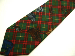 Faconnable Mens Necktie Tie Green Red Plaid Snowshoeing Skis Winter Gloves 59" - Picture 1 of 5