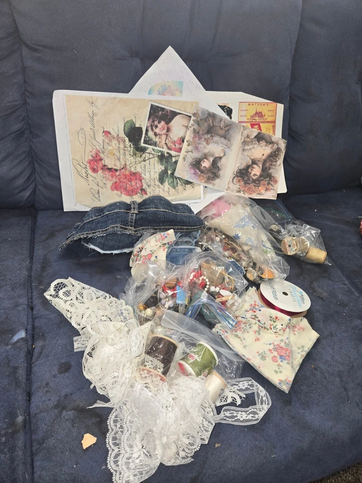 Kit de puntada lenta diario basura botones de mezclilla tela de encaje joyería vintage efímera Foto 1 de 1