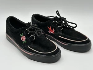 TUK BLACK Leather Suede ROSE BIRD EMBROIDERED LACE UP SNEAKERS MENS 9 Ladies 11 - Picture 1 of 12
