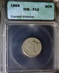 1866 ERROR ICG F12 HUGE CRACK + 3 CUD Three Cent Coin NICE RARE 3c NR - Picture 1 of 11