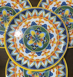 x4 PANAMA JACK NEW!!! MELAMINE MEDALLION Spanish Tile DINNER Plates Lightweight - Picture 1 of 5