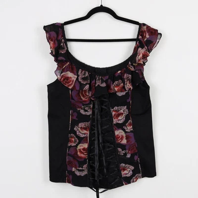 Camiseta sin mangas vintage Y2K negra y tripp NYC patrón gótico con volantes corbata encaje 2x Foto 1 de 4