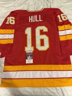 Camiseta deportiva firmada por Brett Hull autografiada roja Calgary Flames certificado de autenticidad JSA Foto 1 de 4