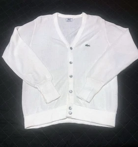 VINTAGE Izod Lacoste Cardigan Mens Size Large White Sweater Long Sleeve V Neck - Picture 1 of 16