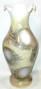 large Opaline Milk Glass Vase Ruffled Crimped Wavy Rim yellow splash decoration - Picture 1 of 2