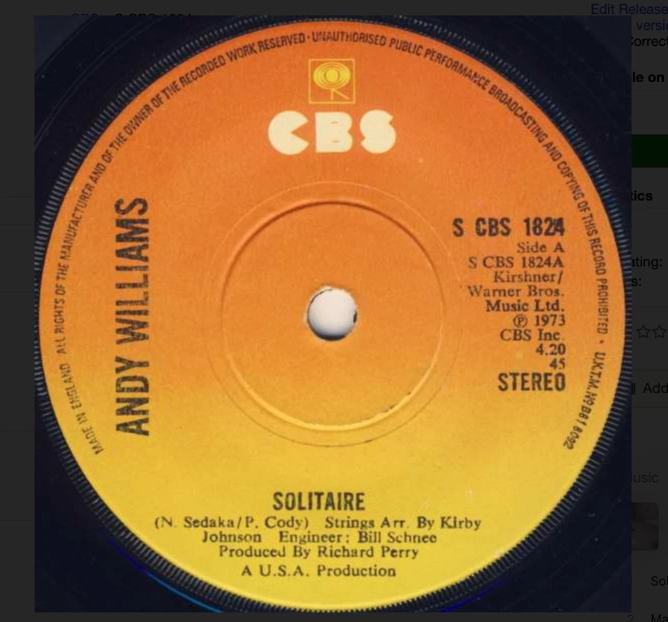 Andy Williams – Solitaire         S CBS 1824         VINYL NEAR MINT - Image 1 of 2