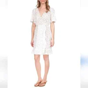 Vestido Michael Kors Talla Pequeña M PLUS Blanco Encaje Tostado Forro Cuello en V Volantes FU229 - Imagen 1 de 6
