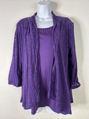 Sag Harbor 女式 M 码紫色动物印花开衫 2fer 组合上衣 3/4 袖 — 第 1/4 张图片