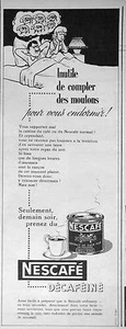 PUBLICITÉ 1954 NESCAFÉ DÉCAFÉINÉ INUTILE DE COMPTER LES MOUTONS POUR DORMIR - Picture 1 of 1