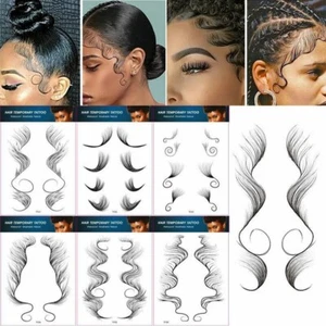 Temporary Baby Hair Art Tattoo Stickers Edge Black Hairline Decals Fringe Curly - Picture 1 of 28