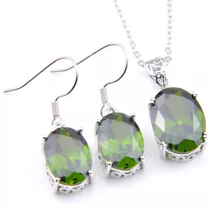 High Quality Jewelry Sets 2 Pcs 1 Lot Oval Peridot Silver Necklaces Earrings - Picture 1 of 8