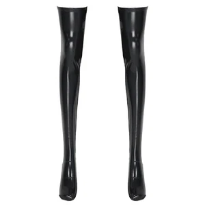 Damen Halterlose Overknee Strümpfe in Wetlook Leder-Optik Kniestrümpfe mit Fuß - Bild 1 von 21