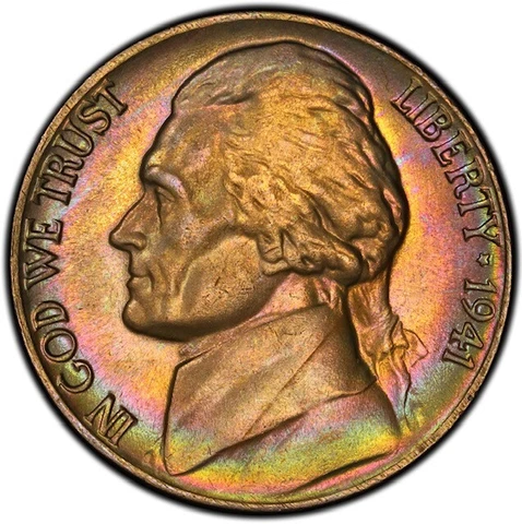 MS66 1941 5C Jefferson Nickel, PCGS Secure- Pretty Rainbow Toned Cover