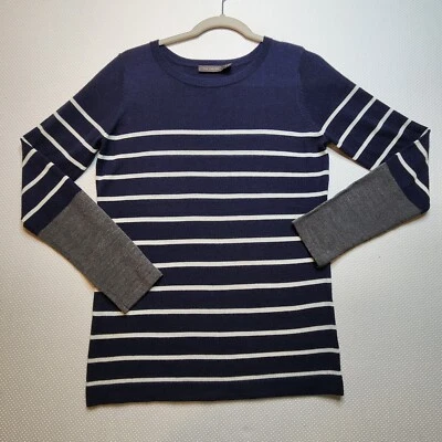 The Limited Womens Sweater Medium Blue White Stripe Grey Sleeve Wool Blend Soft - Image 1 of 4
