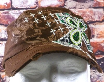 Gorra marrón envejecida estilo militar con estrás verde cruz bordado líder Foto 1 de 4