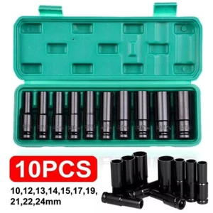 11-Piece 1/2 Drive Deep Impact Socket Set Metric Wheel Axle Nut Wrench 10-24 MM - Picture 1 of 14