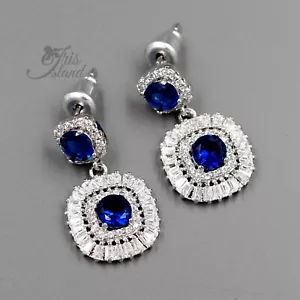 Women White Gold Plated Blue Cubic Zirconia Cushion Drop Dangle earrings 10024 - Picture 1 of 4