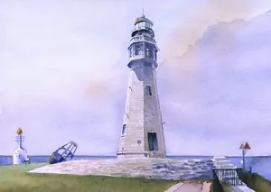Buffalo Main Lighthouse Lake Erie New York Matted Watercolor Art Prints - Picture 1 of 2