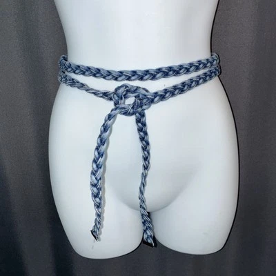 Denim Braided Skinny Belt 73" Self Tie Woven Blue Jean Western Festival Boho VTG - Image 1 of 4